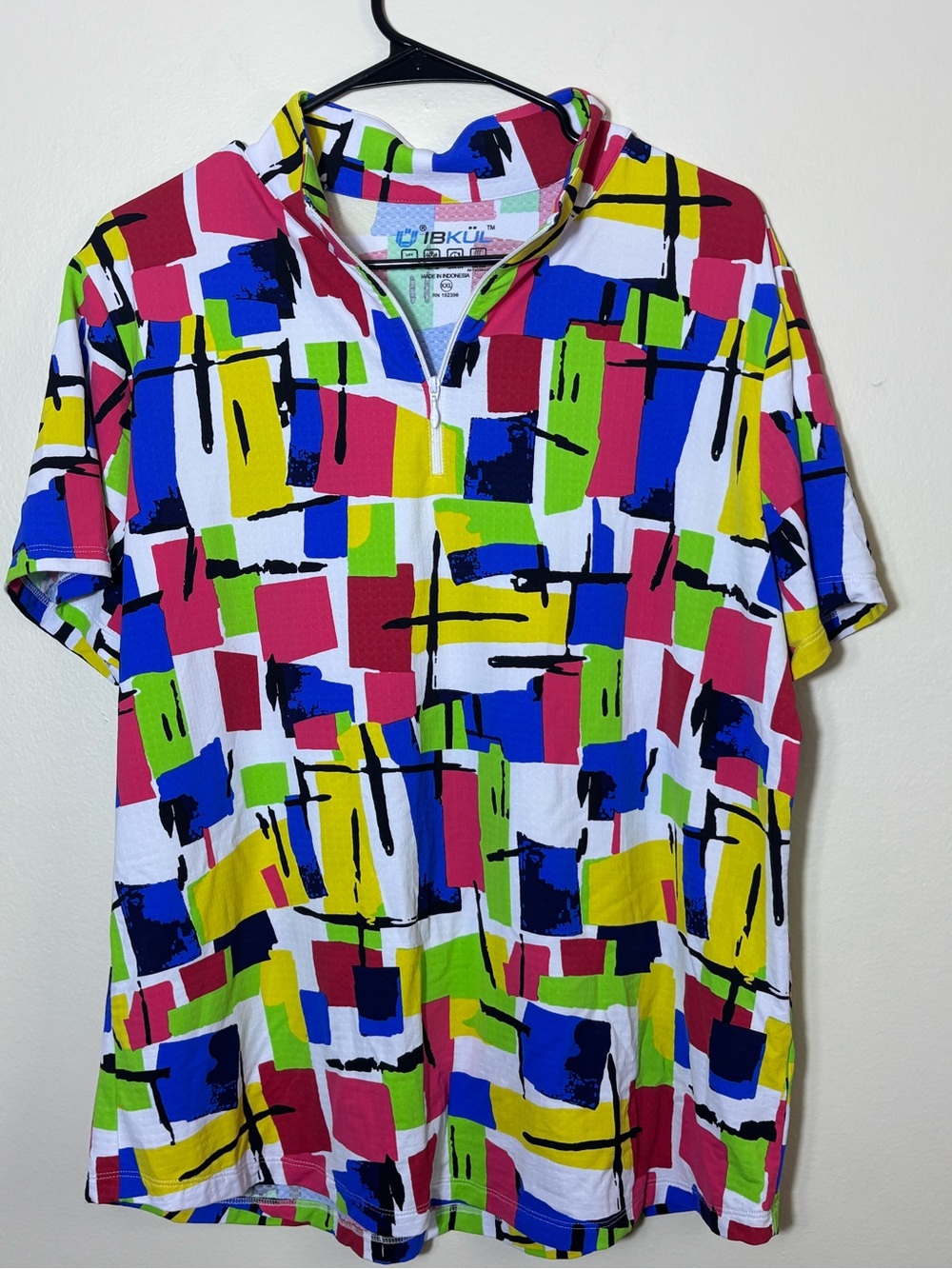 IBKUL Short Sleeve Shirt Womens XXL Multicolor Geometric UPF 50 Zip Mock Neck